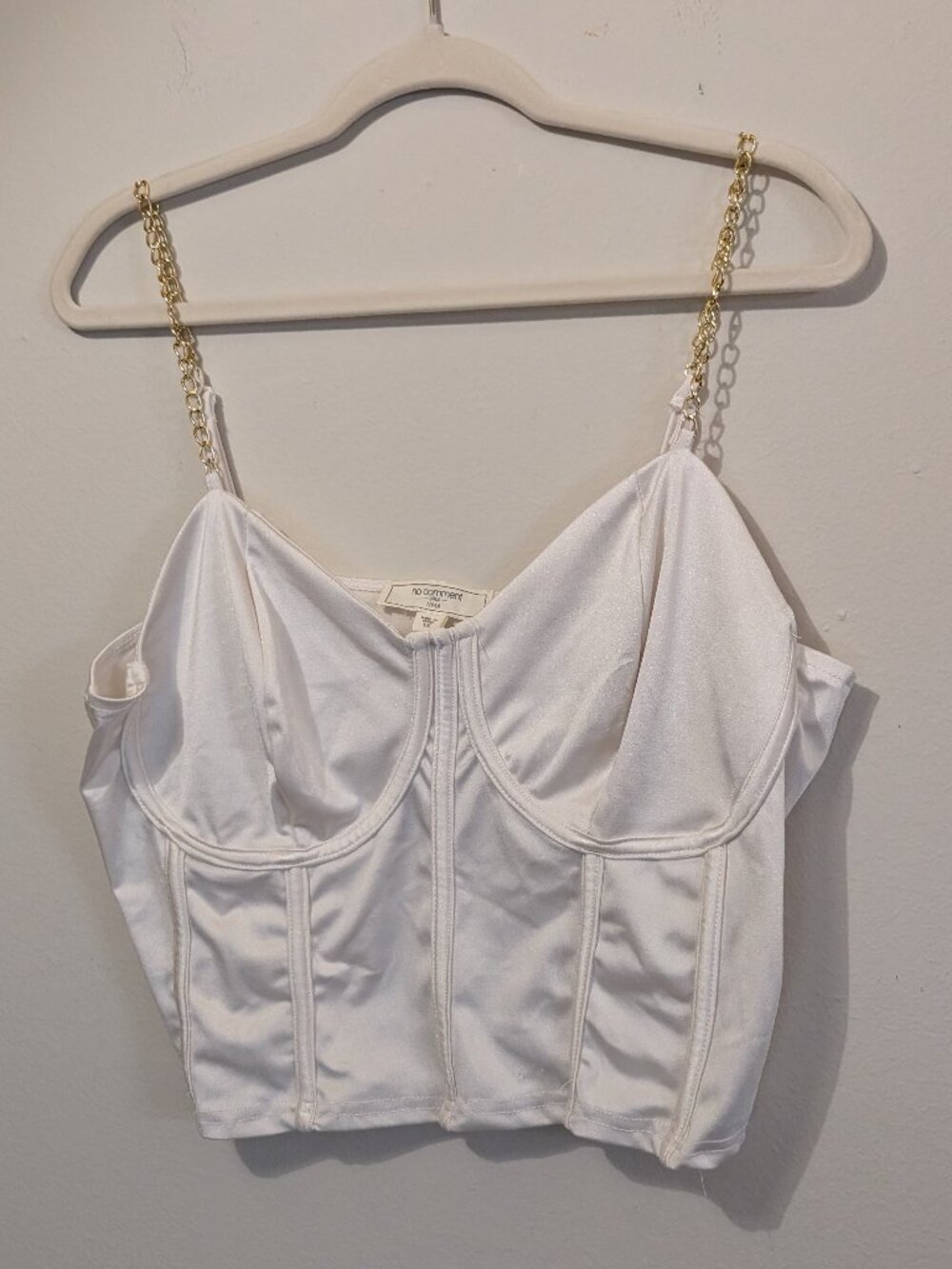 No Comment White Satin Corset Crop Top with Gold Chain Straps Size 1X